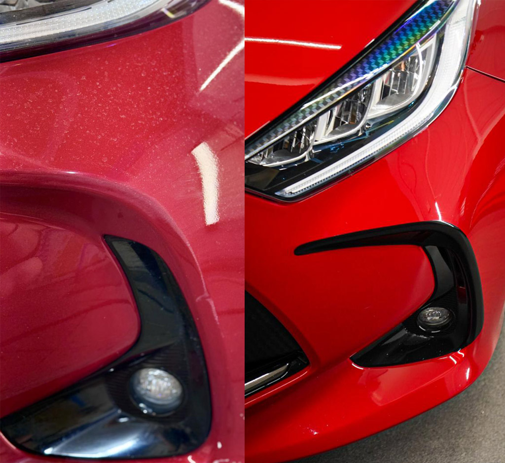 Przedni zderzak Toyota Yaris po zamaskowaniu uszkodzenia czarną folią